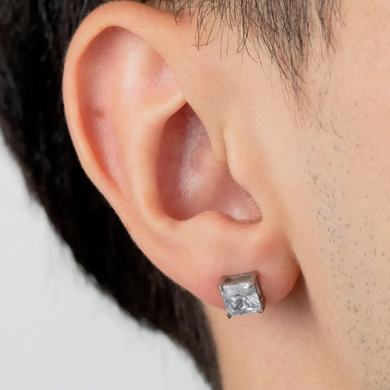Lotus Style, ørepynt herre, stål, kvadratisk stein (6 mm) 