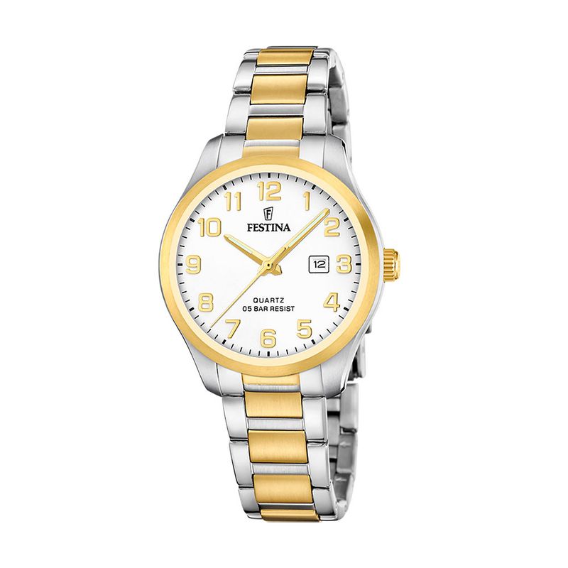 Festina, dame, lenke, bicolor, hvit skive, tall - 5 ATM, Ø 34 mm 