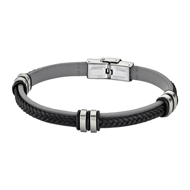 Lotus Style, armbånd i skinn og stål, sort og grå (bredde 12 mm, lengde 23 cm) 